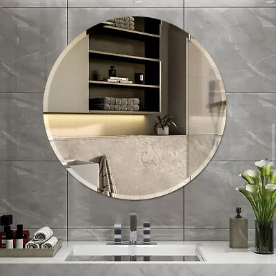 40cm Beveled Edge Round Facet Mirror Stick Wall Mounted Hallway Dressing Shaving • £20.95