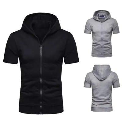 Comfortable New Style Mens Zip Up Hoodie Blouse Short Sleeve Hooded Zipper Sweat • £17.87