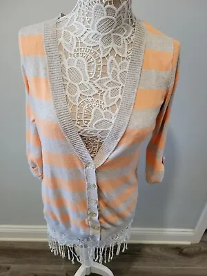 Mossimo Cardigan Ribbed Peach/Tan Striped Button Front Adj. Sleeve Size L (17) • $9.99