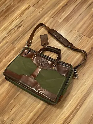 Vintage JW Hulme Canvas Leather Messenger Computer Bag Green/ Brown USA Made • $129.95
