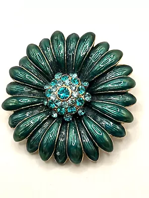 Vtg Signed MONET Blue Rhinestone Floral Green Enamel Gold Brass Plated Brooch • $18.50