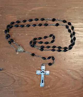 VTG Roma Rosary Silvertone  Brown Black Prayer Beads ~ Stations Of The Cross • $10.50
