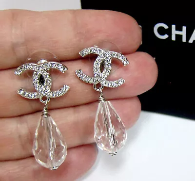 Auth.Chanel CC  Crystal Silver Tone Dangle Earrings • $309