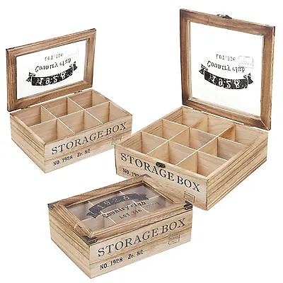 £11.99 • Buy Wooden Tea Box 6 Or 9 Section Compartments Glass Lid Multi Storage Spice Chest