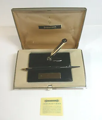 Vintage Sheaffer Desk Set 14k Nib Pen & Black Onyx Marble Holder W/ Case • $49.95