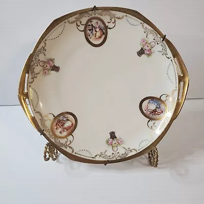 Vintage Austria MZ Moritz Zdekauer Gold Edge Handle Cake Serving Plate Flowers  • $39.99