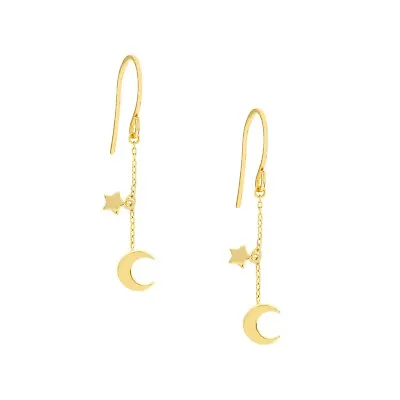 Dangle Half Moon And Star Fish Hook Earrings Real 14K Yellow Gold • $111.64