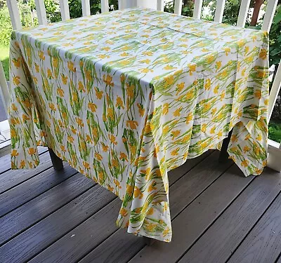 Vintage Vera Mod 70's Cotton Tablecloth White With Yellow Irises 81  X 61  • $49.50