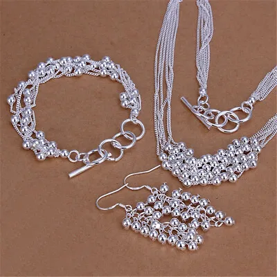 Noble 925 Sterling Silver Bead Grape Necklace Earring Bracelet Woman Jewelry Set • $3.22