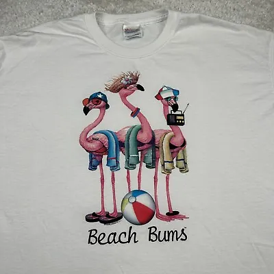 Vintage T Shirt Men XL White Graphic Tee VTG Beach Bums Flamingo Reverse Print • $24.97