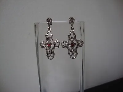 Vintage Ornate Openwork Cross Garnet W/ Marcasite Silver 925 Drop Stud Earrings • $34.99