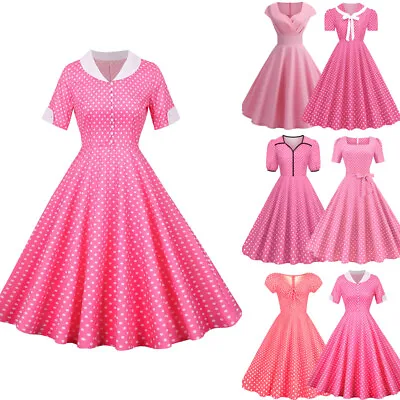 Women Pink 50s 60s Swing Dress Rockabilly Evening Party Cocktail Casual Dresses • £13.79