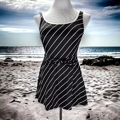Vintage 70s Mainstream Trapeze Swim Dress Size S/M Black Striped Belted  • $50