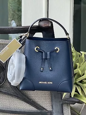 Michael Kors Mercer Small Mini Bucket Drawstring Crossbody Bag Navy Blue Leather • $89.99