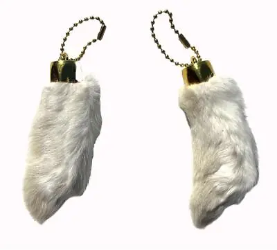 2  NATURAL RABBIT FOOT KEYCHAINS SILVER Novelty Bunny Fur Hair Feet Ball Chain • $9.99