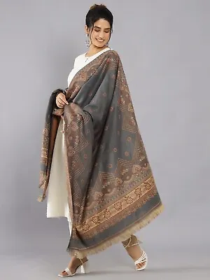Womens Oversize 100% Cashmere Indian Wool Blanket Shawl Wrap Paisley Scarf Grey • £30.98