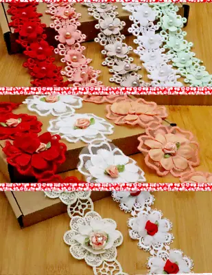 1 Yd Flower Pearl Satin Trim Lace Ribbon Wedding Dress Embroidered Diy Craft Sew • £3.83