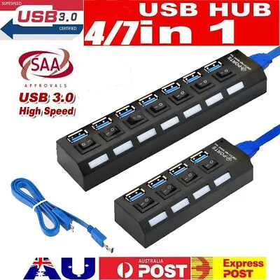 $6.55 • Buy 4/7 Port USB 3.0 2.0 HUB Powered Top Speed Splitter Extender PC AU Power Cable