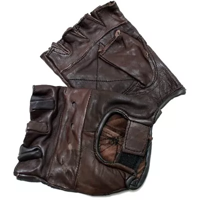 MENS BROWN LEATHER FINGER LESS DRIVING MOTORCYCLE BIKER GLOVES Work Out Exercise • $0.01