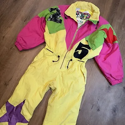 Vtg 80s Ski Suit Snowsuit Womens XL One Piece Snow Bib Retro Apres Colorblock • $174.99