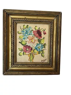 Vintage Small Floral Oil Painting Signed Sully Gold Frame 7 X 7.5 Inch B • $29.99