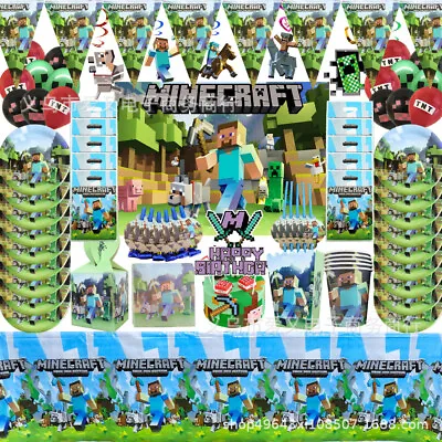$7.49 • Buy Minecraft Party Supplies Balloons Kids Birthday Decoration Tableware Hats Banner