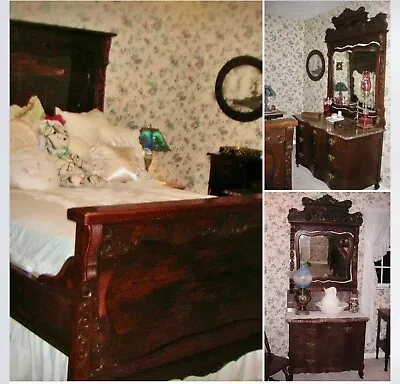 Antique Victorian Mahogany 3 Piece Marble Top Bedroom Suite Set  • $899