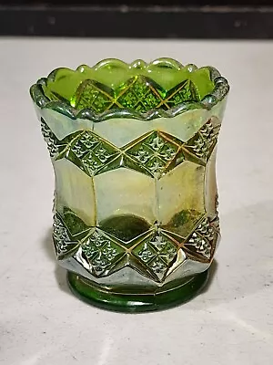 Vintage Imperial Carnival Glass Helios Green Gold Iridescent Toothpick Holder • $23.54