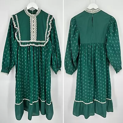 Vintage 1980s Ellen Hart Originals Prairie Dress Floral Print Lace Green Size L • $64.99