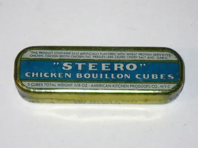 Vintage STEERO Chicken BOUILLON CUBES Advertising TIN! American Kitchen Products • $14.99