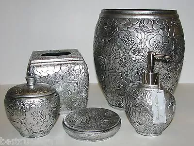 5 Pc Set Metallic Silver 3d Floral Resin Soap Dispenser+tissue+jar+trash Can+mor • $199.99