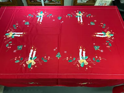 Vintage Hand-Appliqued & Embroidered Holiday Tablecloth 88 X64  • $49