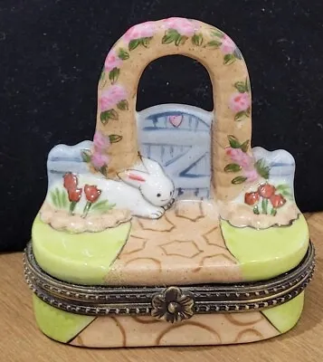 Bunny Rabbit Porcelain Trinket Box Flowers Trellis Gate Garden • $45