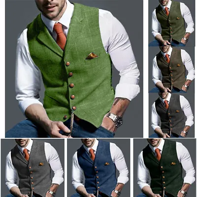 Green Mens Tweed Windowpane Waistcoat Vest Vintage Herringbone Lapel S-3XL • £12.99