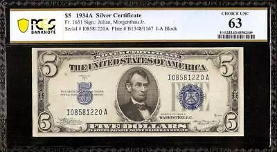 1934 A $5 Bill Silver Certificate Blue Seal Note Unc Paper Money Pcgs 63 • $50