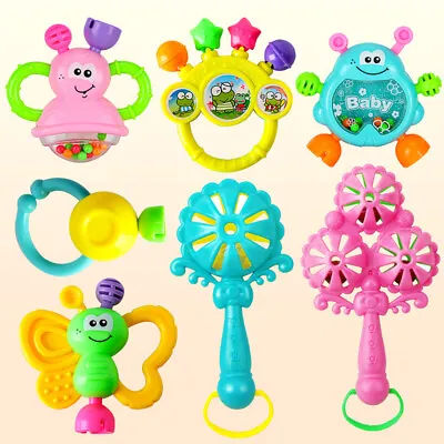 7pc/set Newborn Rattle Toy Funny Expression Pattern Colored Shaking Bell Rattles • £9.99