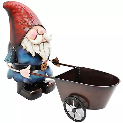 Primus Metal Gnome With Wheelbarrow Planter Garden Sculpture • £33.77