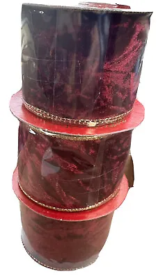 Ribbon Lot Burgundy Velvet Crinkle Size 2.5” X 15 Ft Per Roll Gold Wired Edged • $12.96