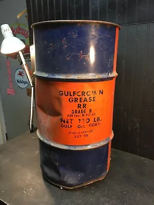 Vintage 60s GULF  Oil 16 Gallon Drum Barrel No Lid Gas Oil Grease Trash Can • $131.75