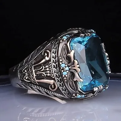 925 Sterling Silver Turkish Handmade Jewelry Aquamarine Men's Ring All Size • $54