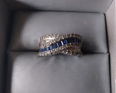 $125 • Buy ZALES 925-Sterling & Blue Sapphire/CZ Two Tier Band Ring *New In Box* . Size:7/8