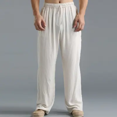 Elasticated Beach Lounge Trousers Cotton Linen Pants Drawstring Loose Baggy Mens • $16.99
