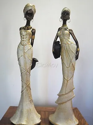 Set Of 2 ASSTD 46cm African Lady In Gold Holding Jug  Statue Figurine Home Decor • $98