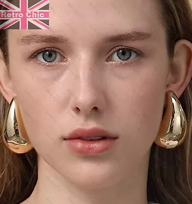 £3.99 • Buy 4cm Retro Gold Thick Creole Earrings Goldtone Studs Large 60s Vintage Style UK