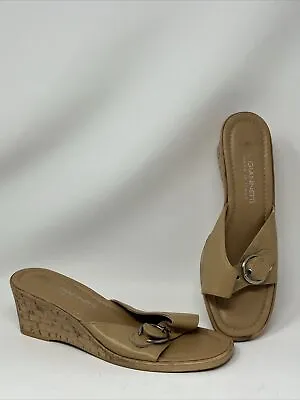 A Giannetti Sandals Womens 9.5 Brown Leather Cork Wedge Heel Italy Slip On Shoes • $9.37