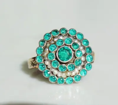 £900 • Buy Exquisite Georgian Emerald & Seed Pearl Ring -15ct Yellow Gold - Ring Size Q1/2