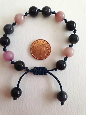 Pretty Lola Rose Pink / Grey Quartz & Dark Blue Goldstone Gemstone Bracelet Vgc • £22.99