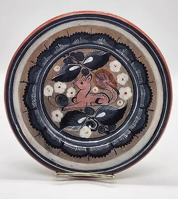 Vintage 10  Tonala Mexican Deer Folk Art Pottery Burnished Wall Plate Mexico • $35