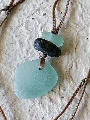 Fathers Day Gift Genuine Sea Glass Necklace Surf Beach Sinew Braid Multi-Color • $29.95