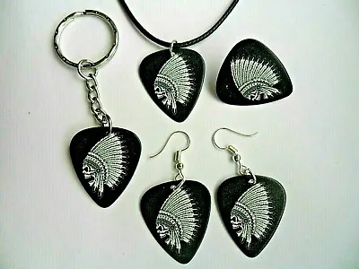 Indian Chief Skull Head Dress Guitar Pick Keyring / Badge / Earrings / Necklace • $6.39